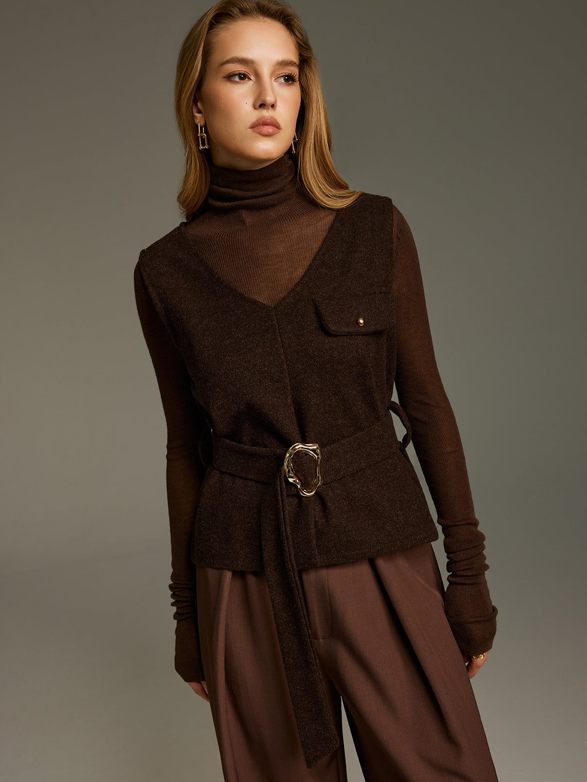 Belted Sleeveless V-Neck Vest