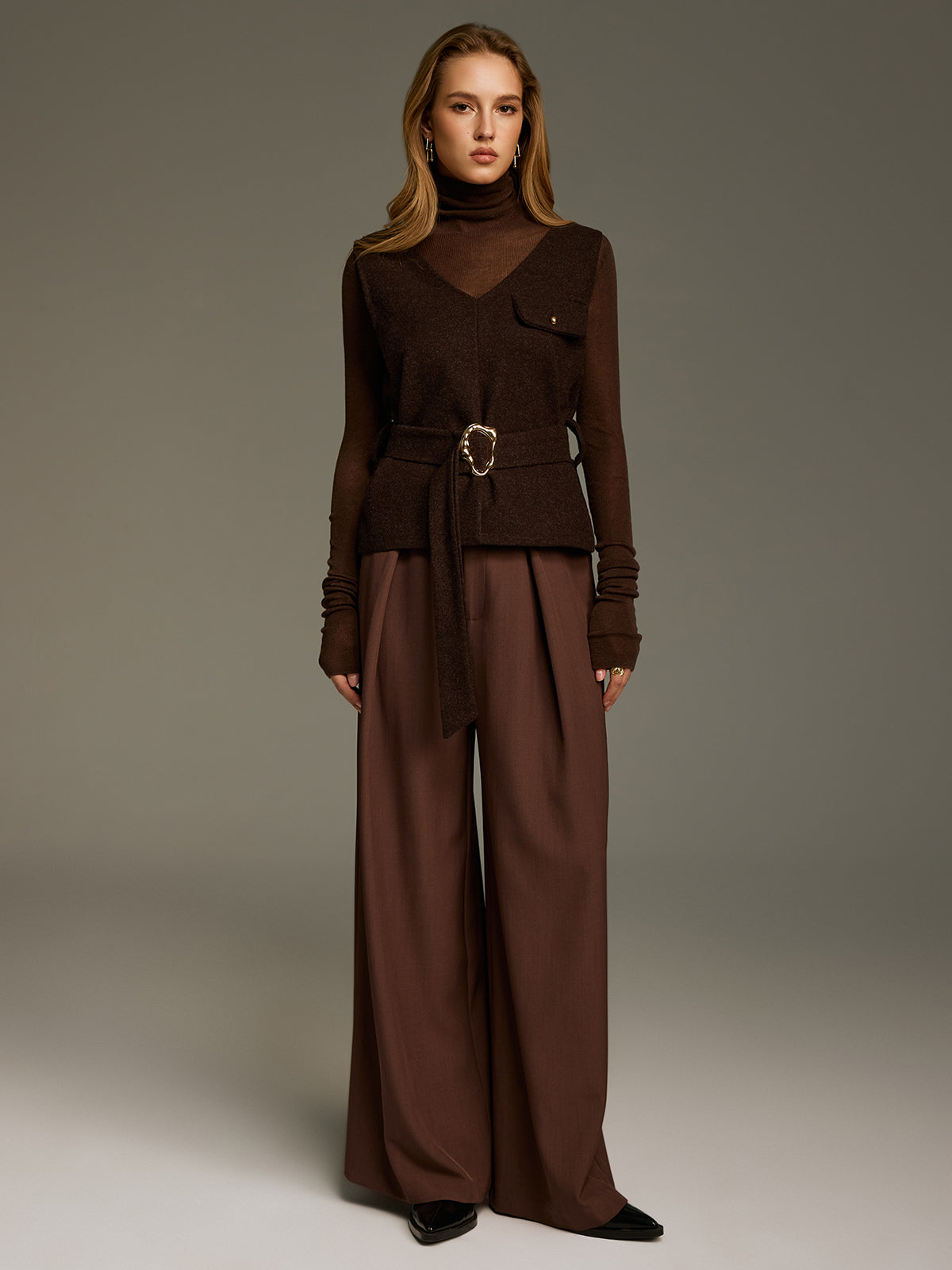 Belted Sleeveless V-Neck Vest