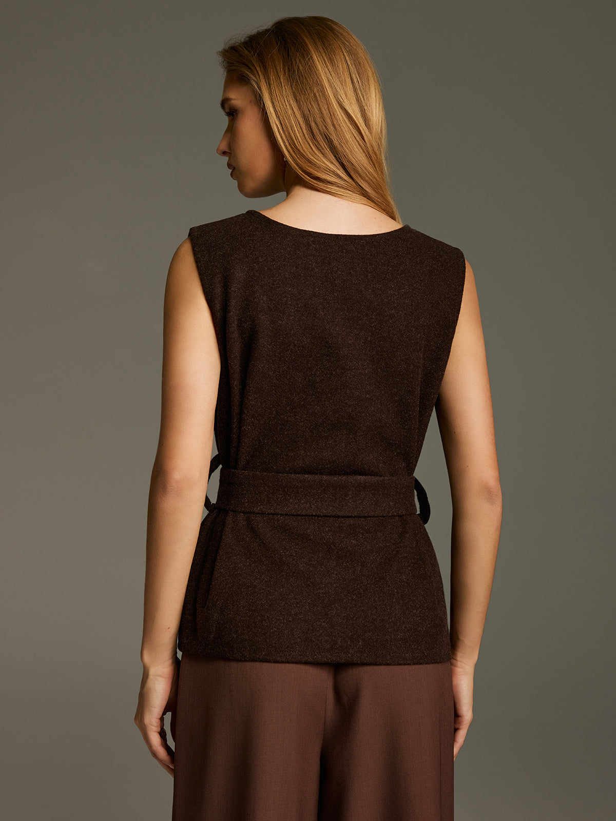 Belted Sleeveless V-Neck Vest