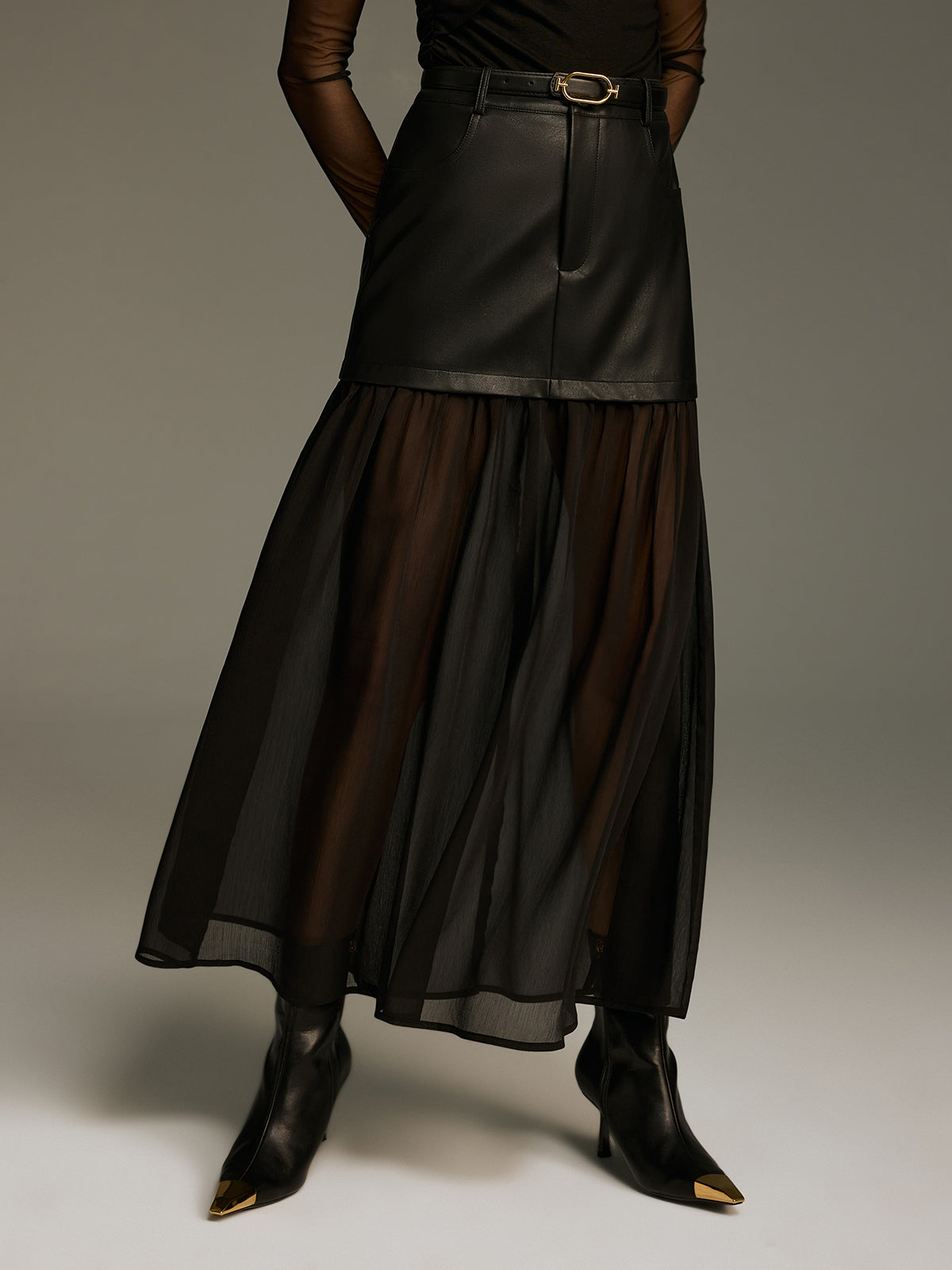 Belted Mesh Hem Faux Leather Maxi Skirt