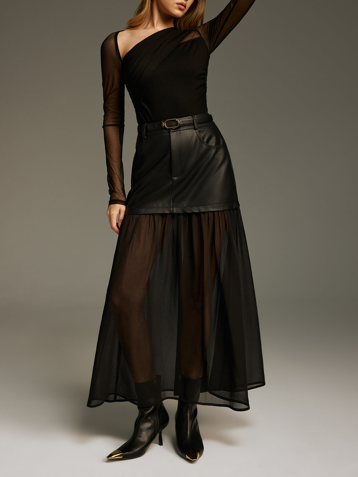 Belted Mesh Hem Faux Leather Maxi Skirt