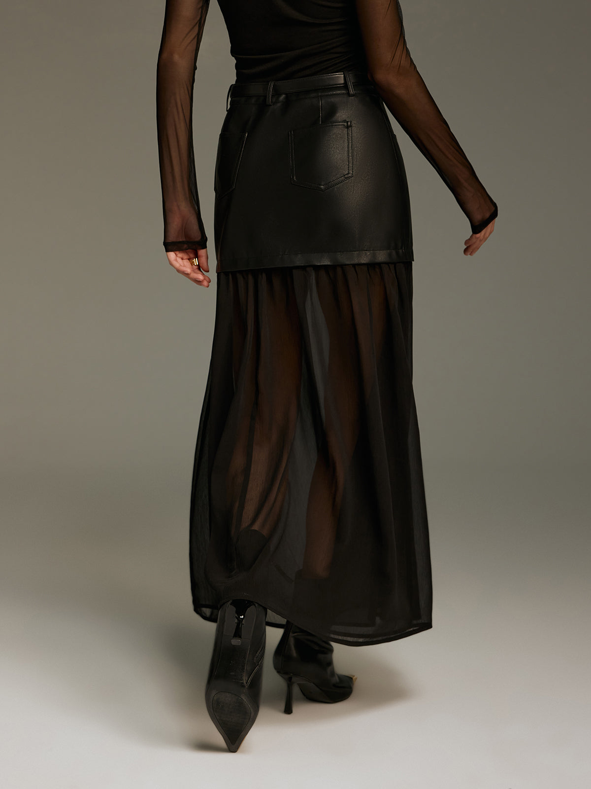 Belted Mesh Hem Faux Leather Maxi Skirt