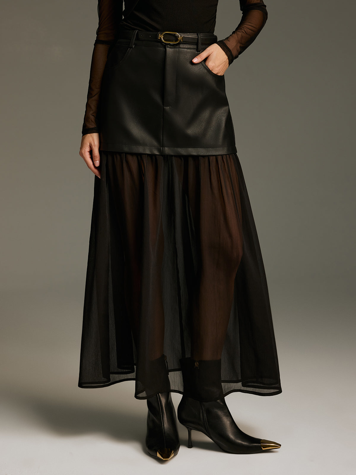 Belted Mesh Hem Faux Leather Maxi Skirt