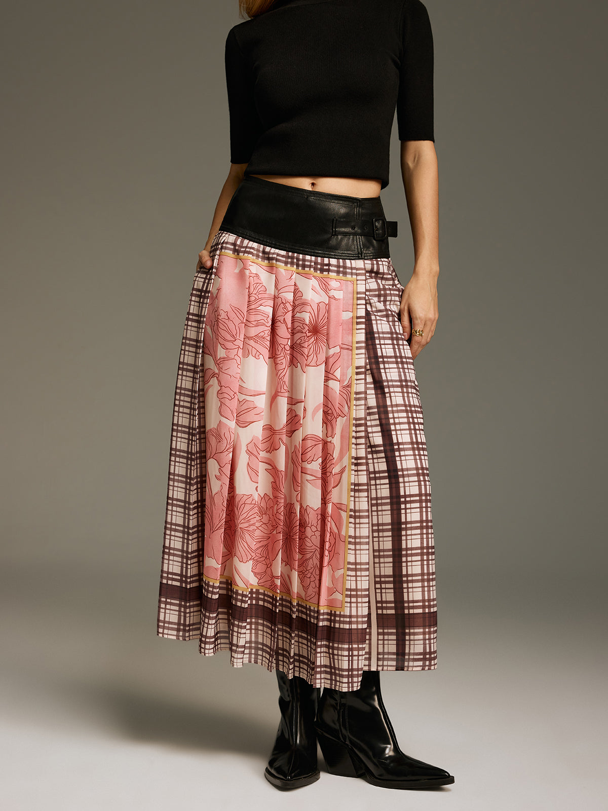Floral & Plaid Print Pleated Maxi Skirt