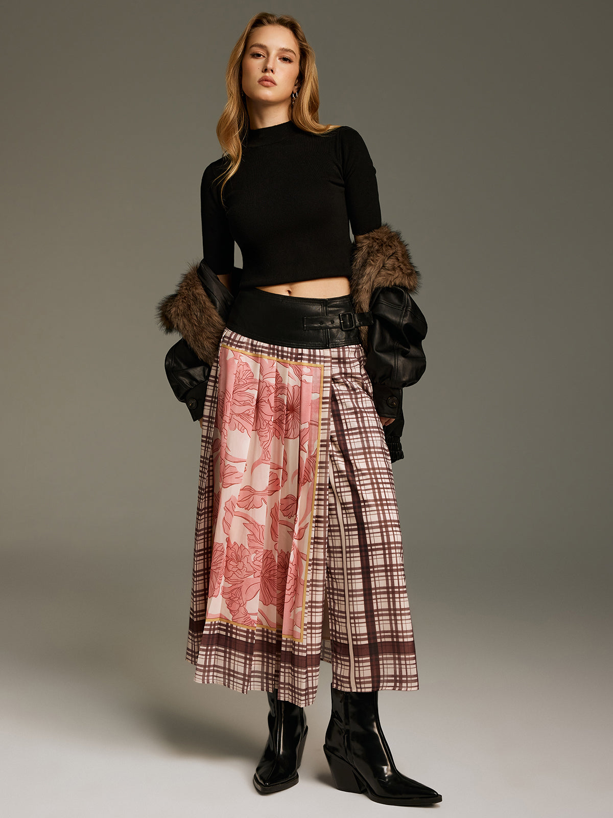 Floral & Plaid Print Pleated Maxi Skirt