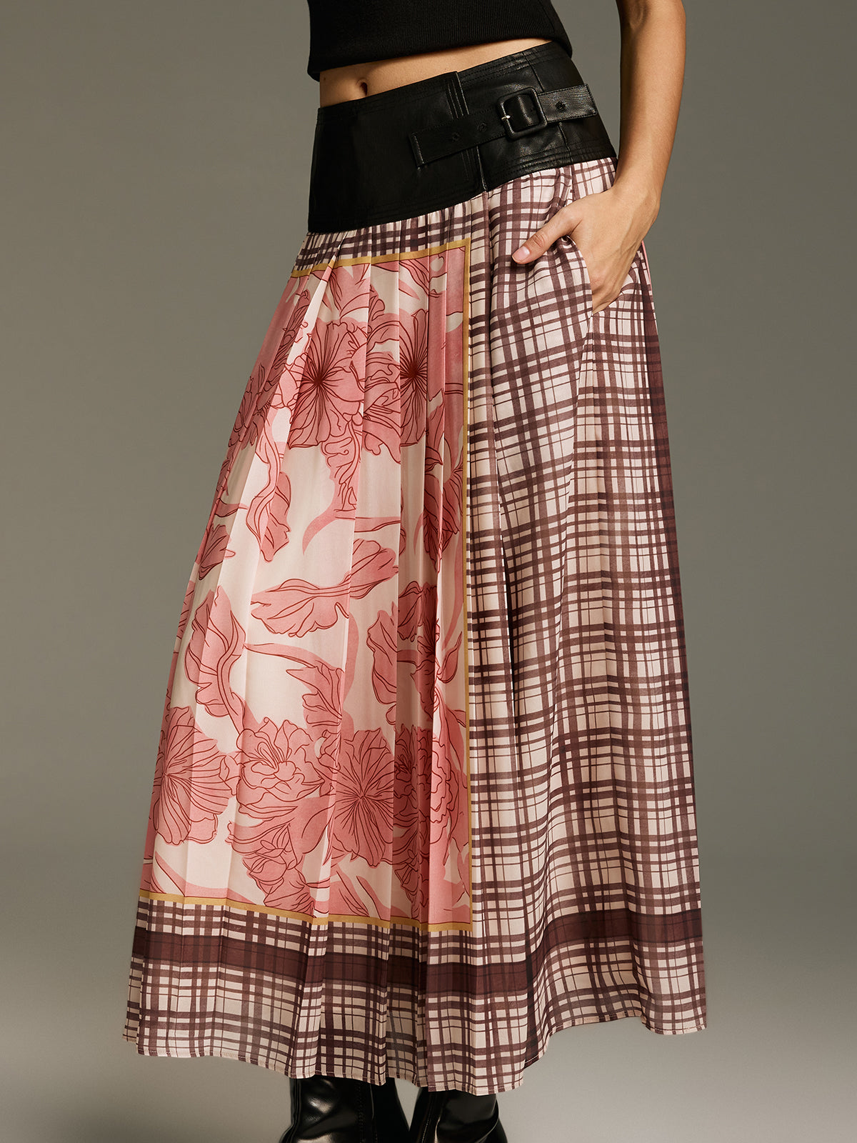 Floral & Plaid Print Pleated Maxi Skirt