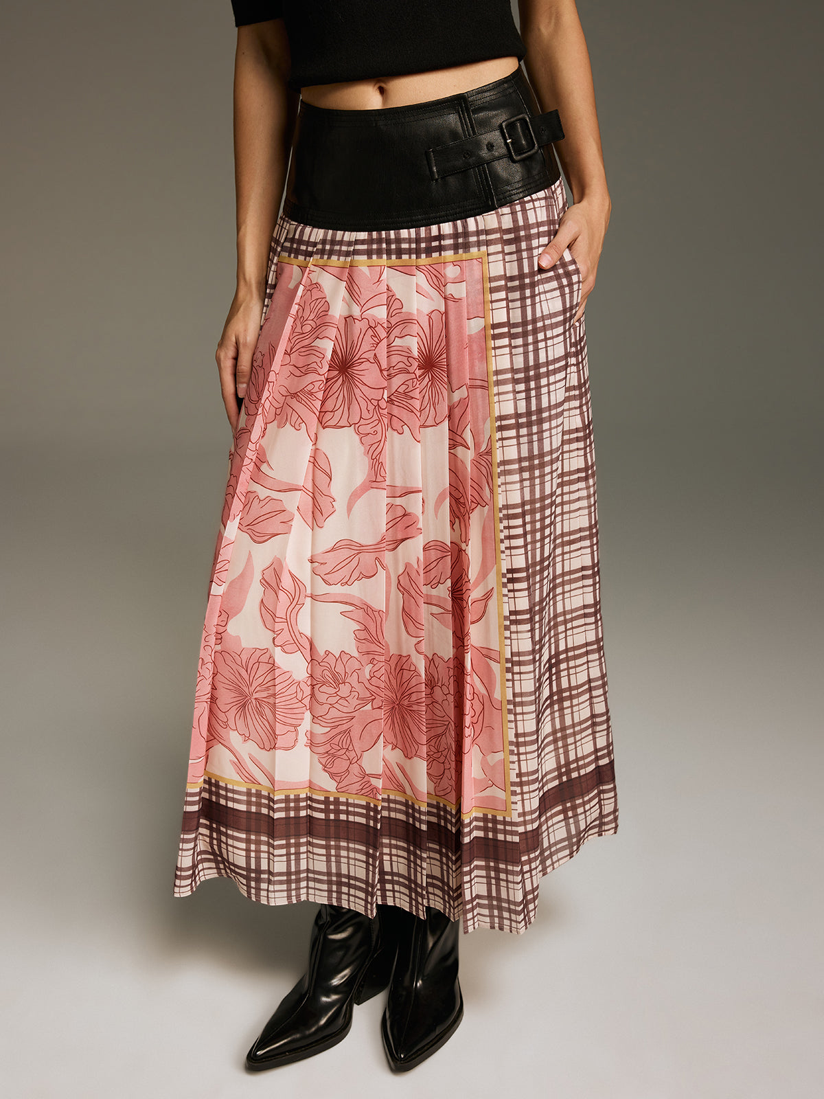 Floral & Plaid Print Pleated Maxi Skirt