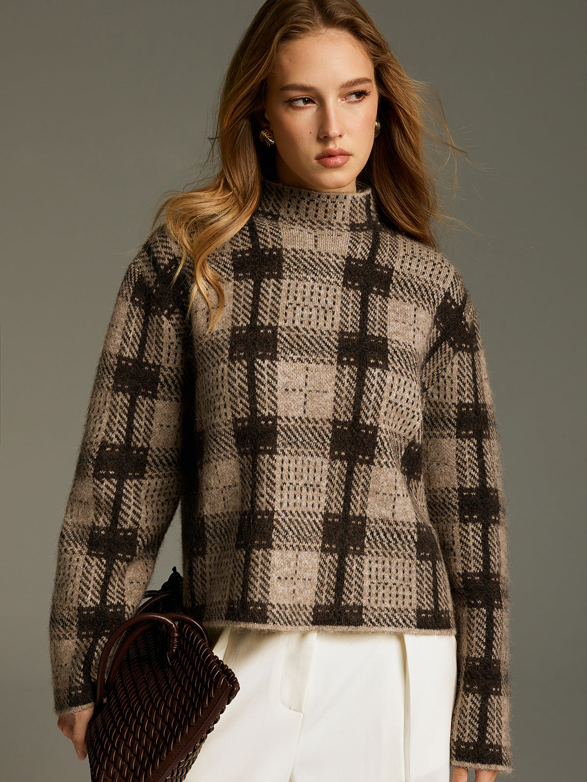 Wool-Blend Plaid Turtleneck Sweater