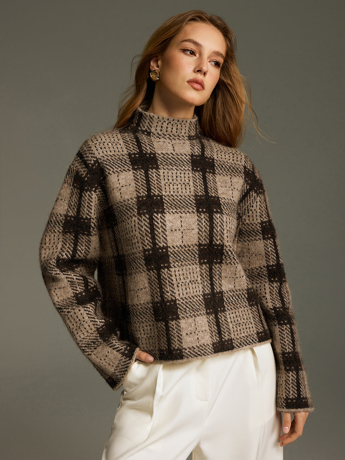 Wool-Blend Plaid Turtleneck Sweater