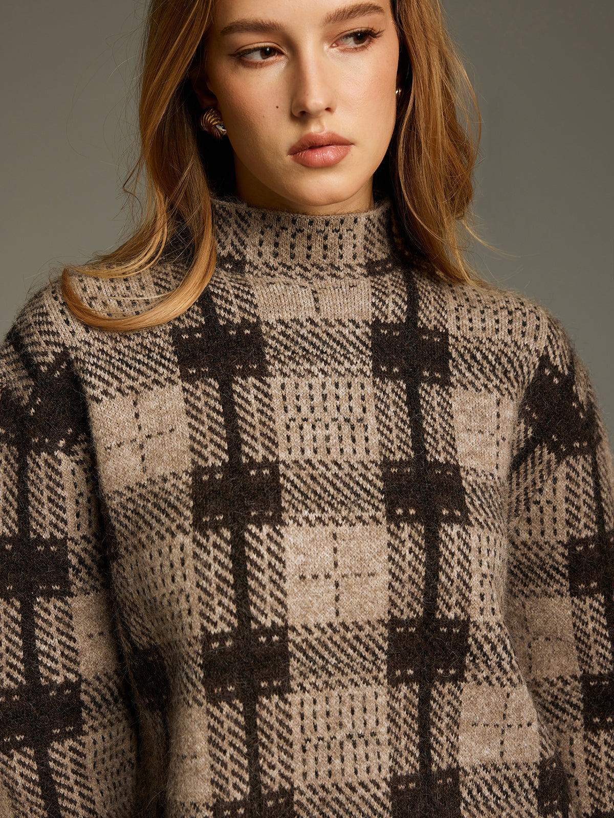 Wool-Blend Plaid Turtleneck Sweater