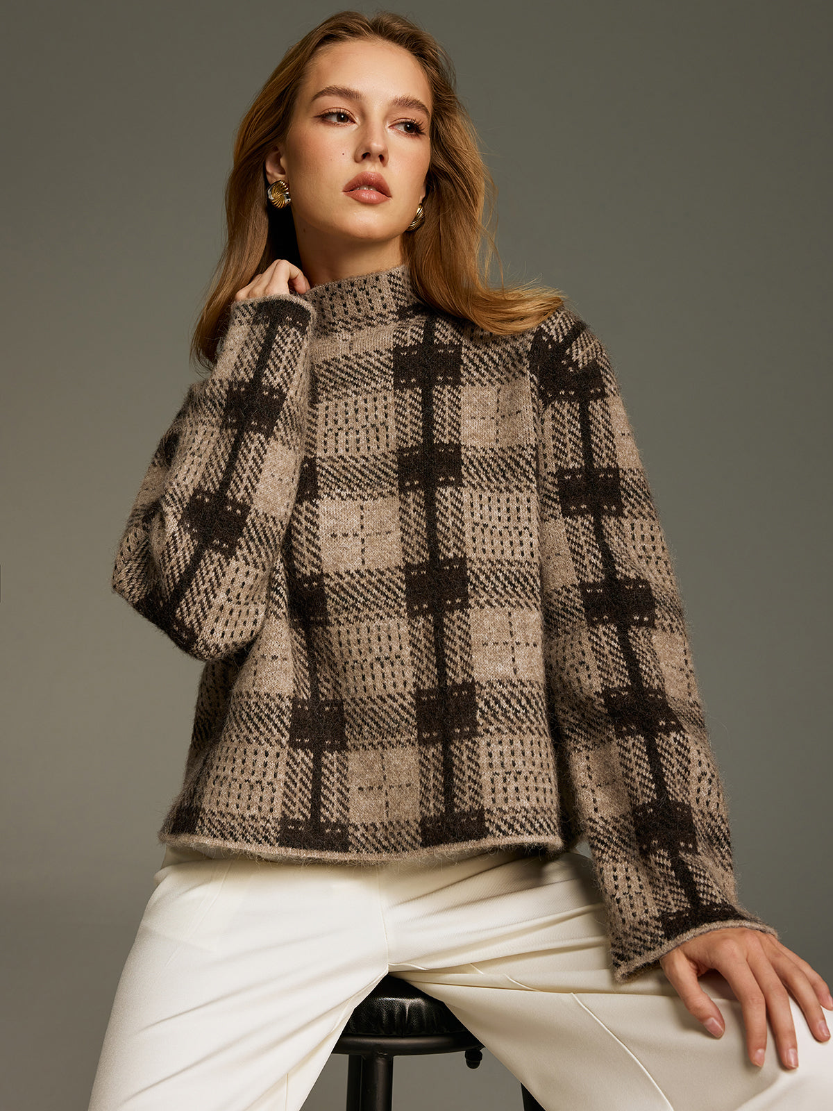 Wool-Blend Plaid Turtleneck Sweater