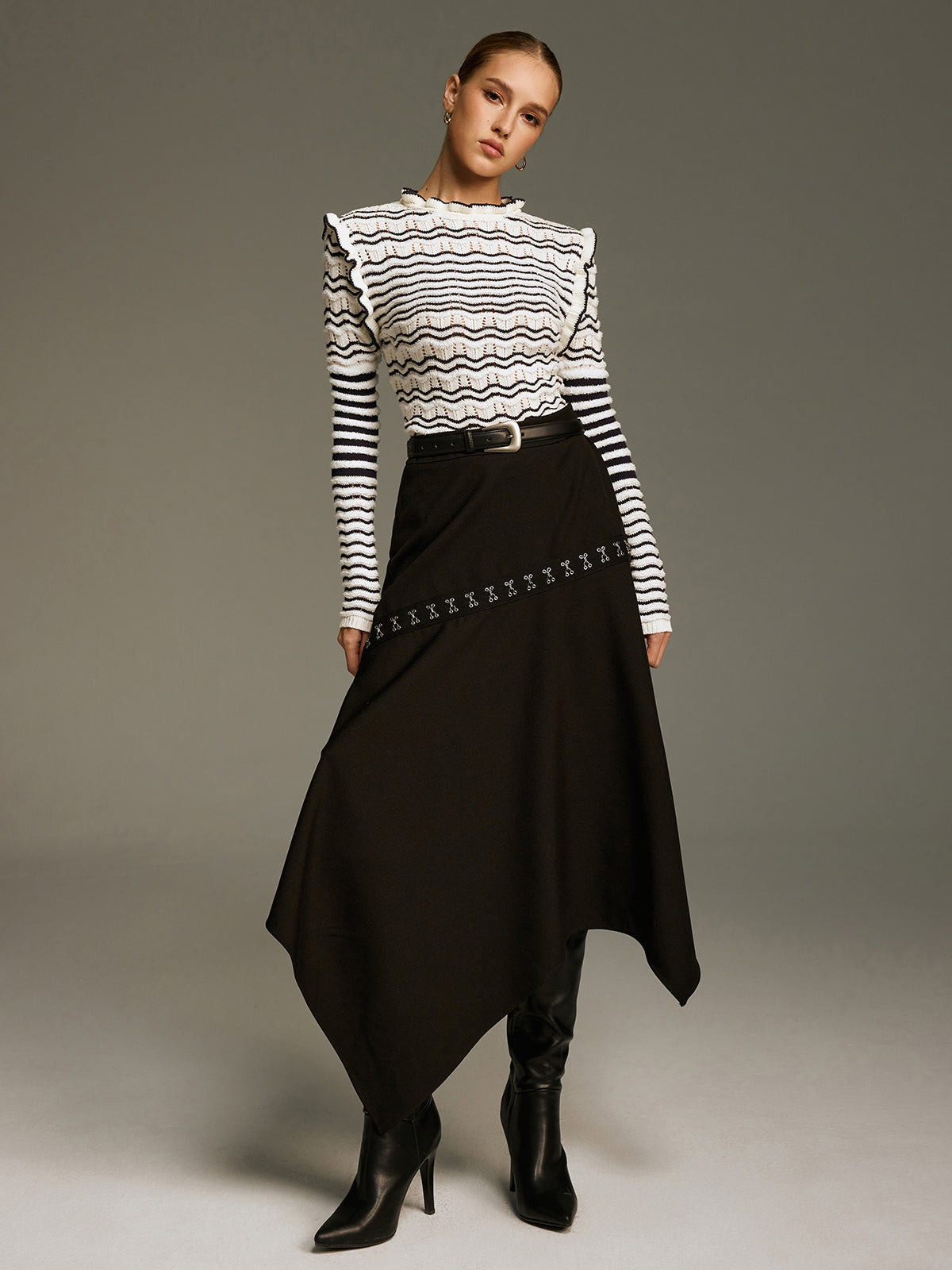 Ruffled Striped Openwork Knit Top