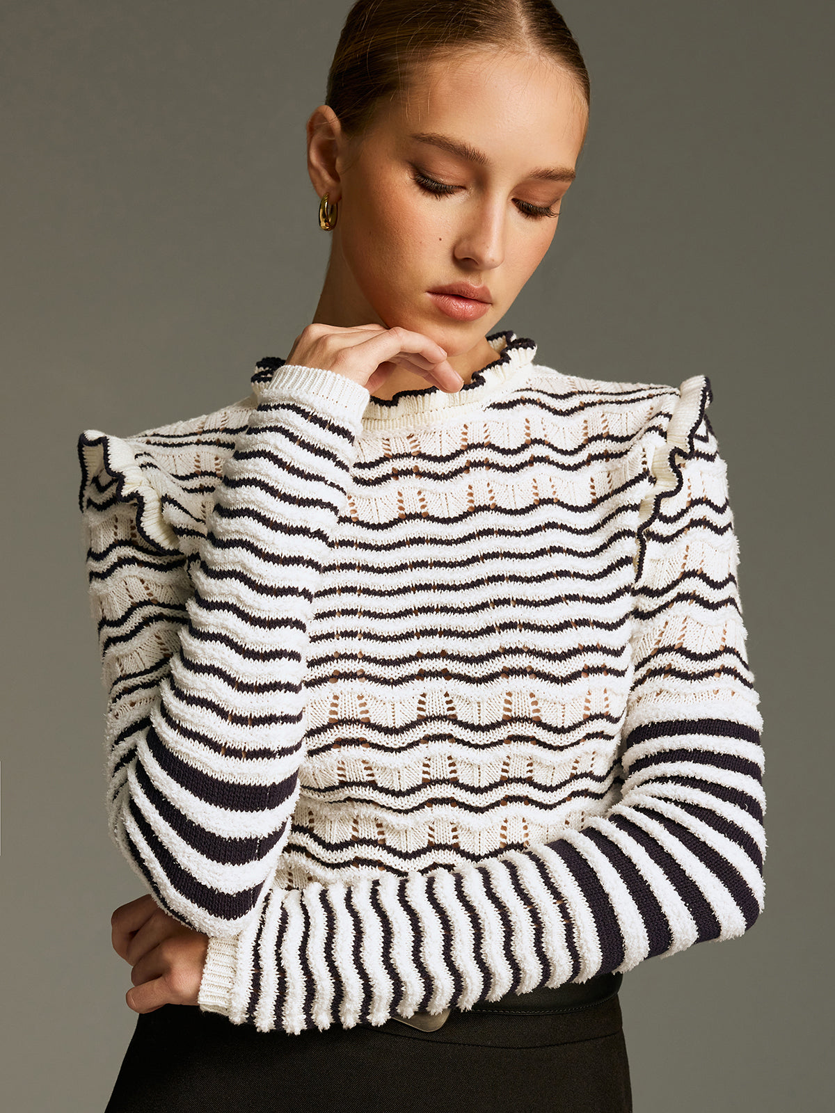 Ruffled Striped Openwork Knit Top