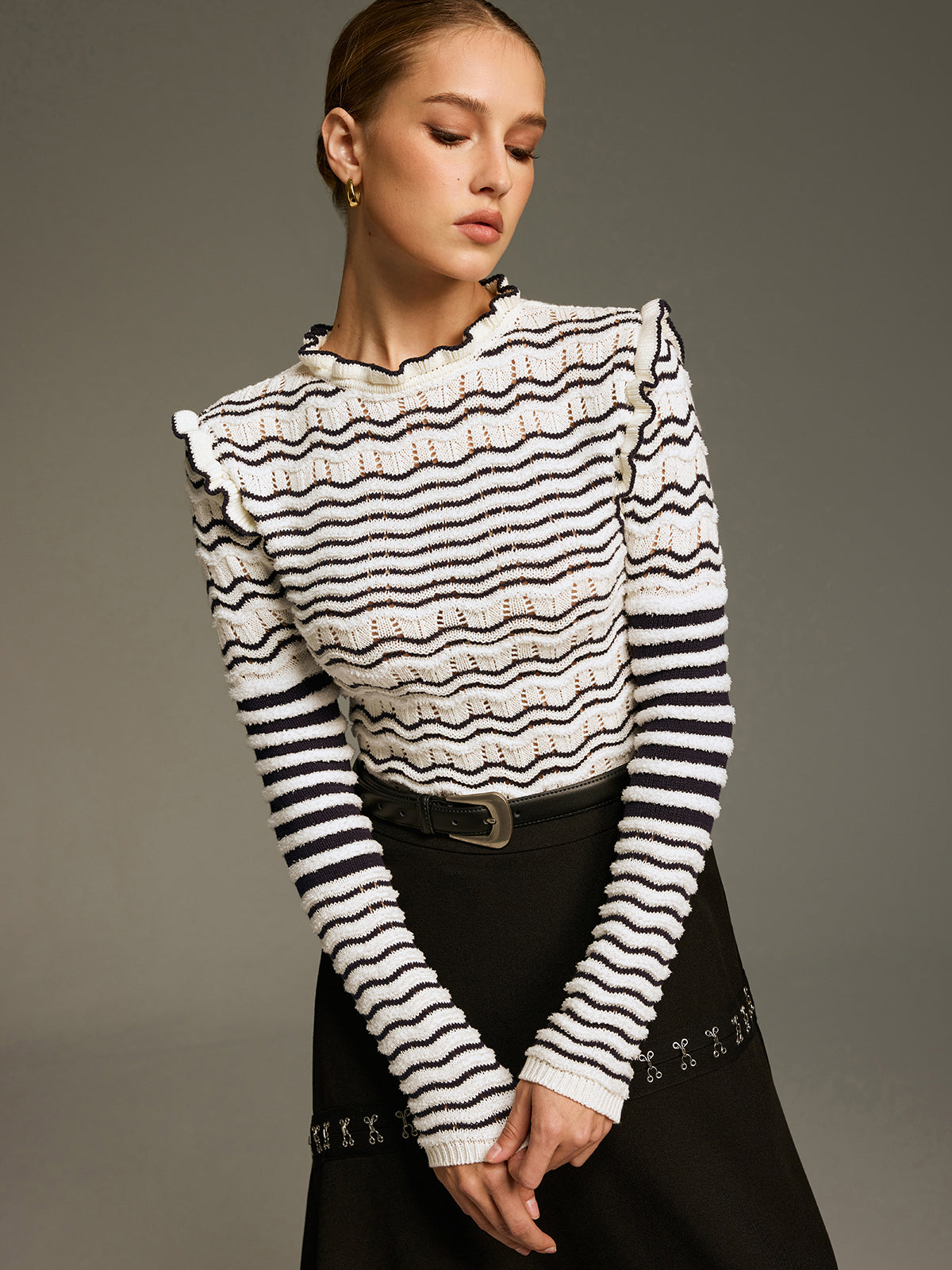 Ruffled Striped Openwork Knit Top