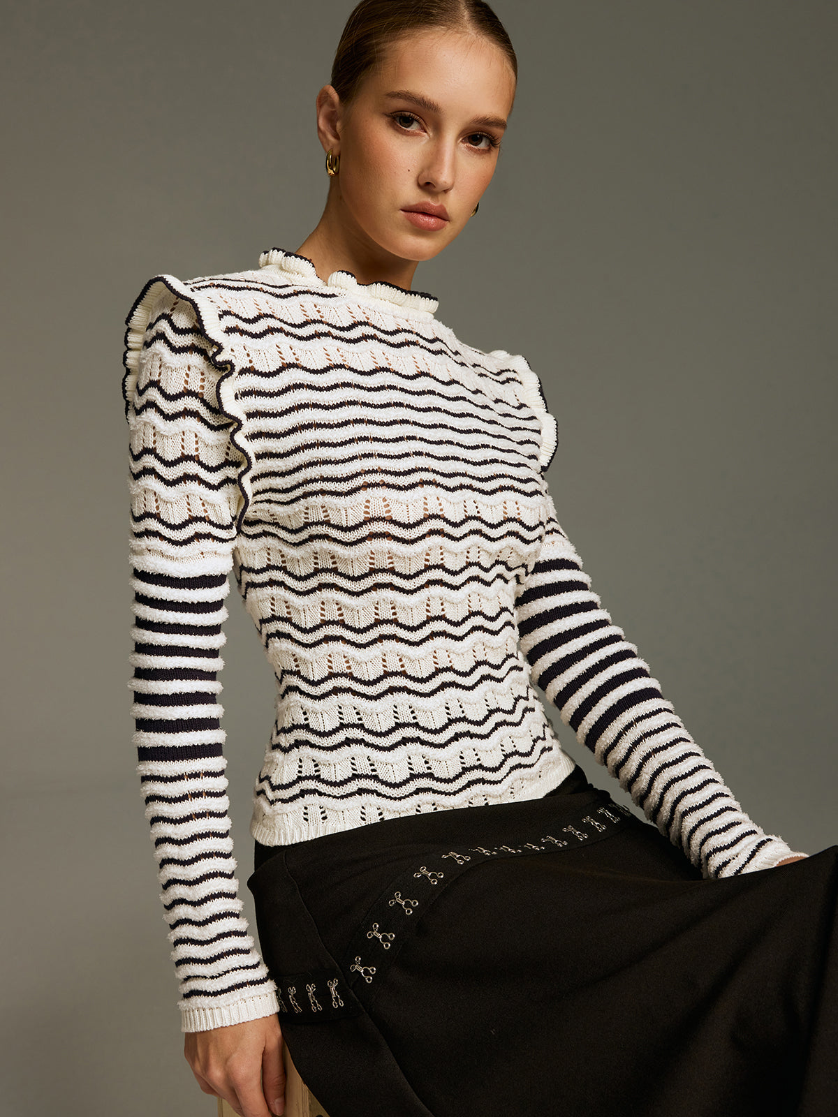 Ruffled Striped Openwork Knit Top
