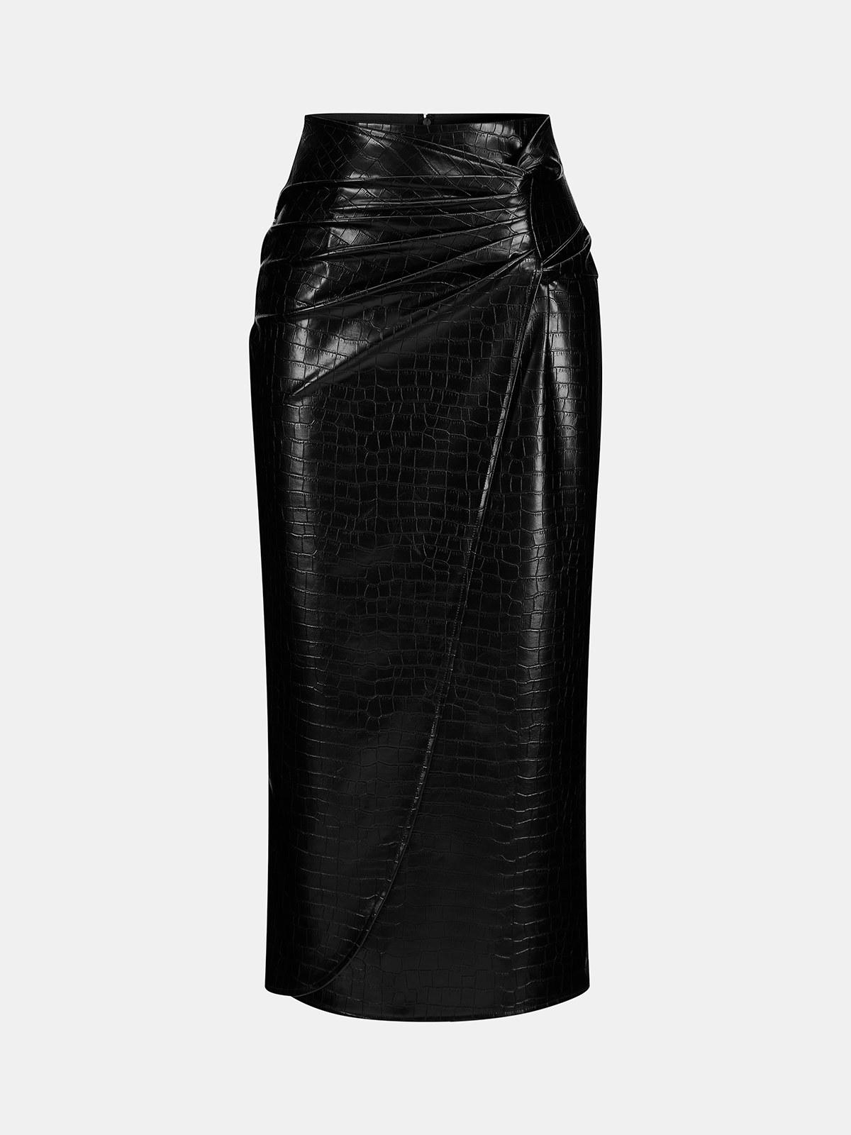 Crocodile Faux Leather Ruched Midi Skirt