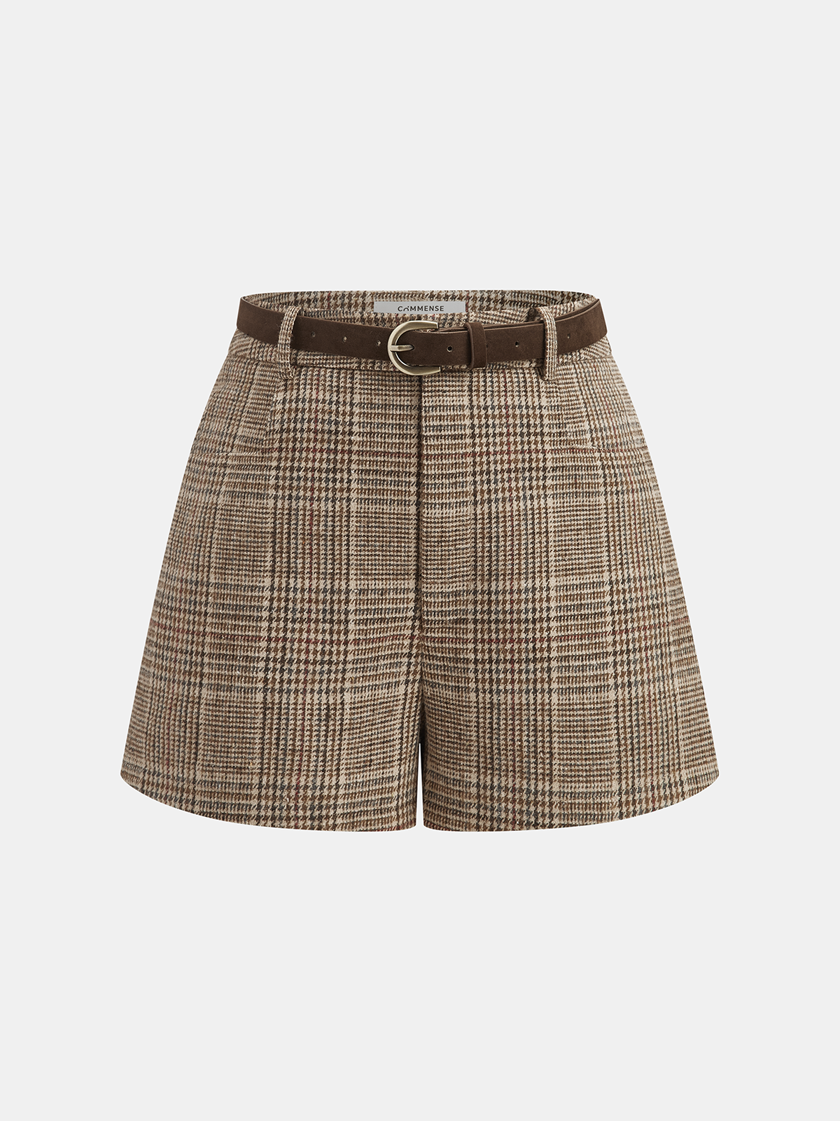 Mid-Waisted Belted Plaid Shorts