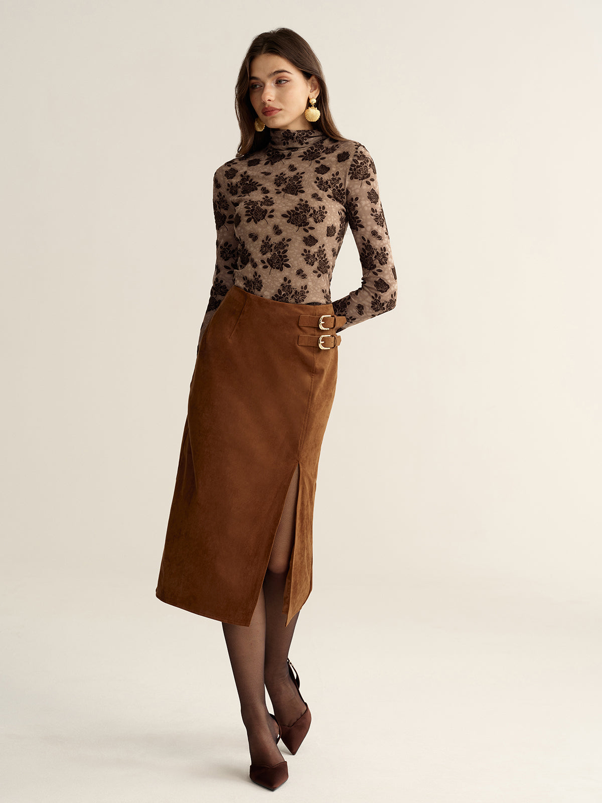 Floral Mesh Mock Neck Long Sleeve Top