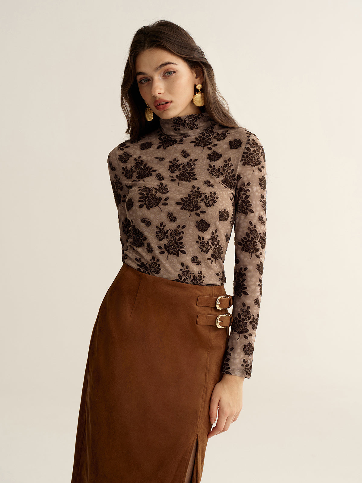 Floral Mesh Mock Neck Long Sleeve Top