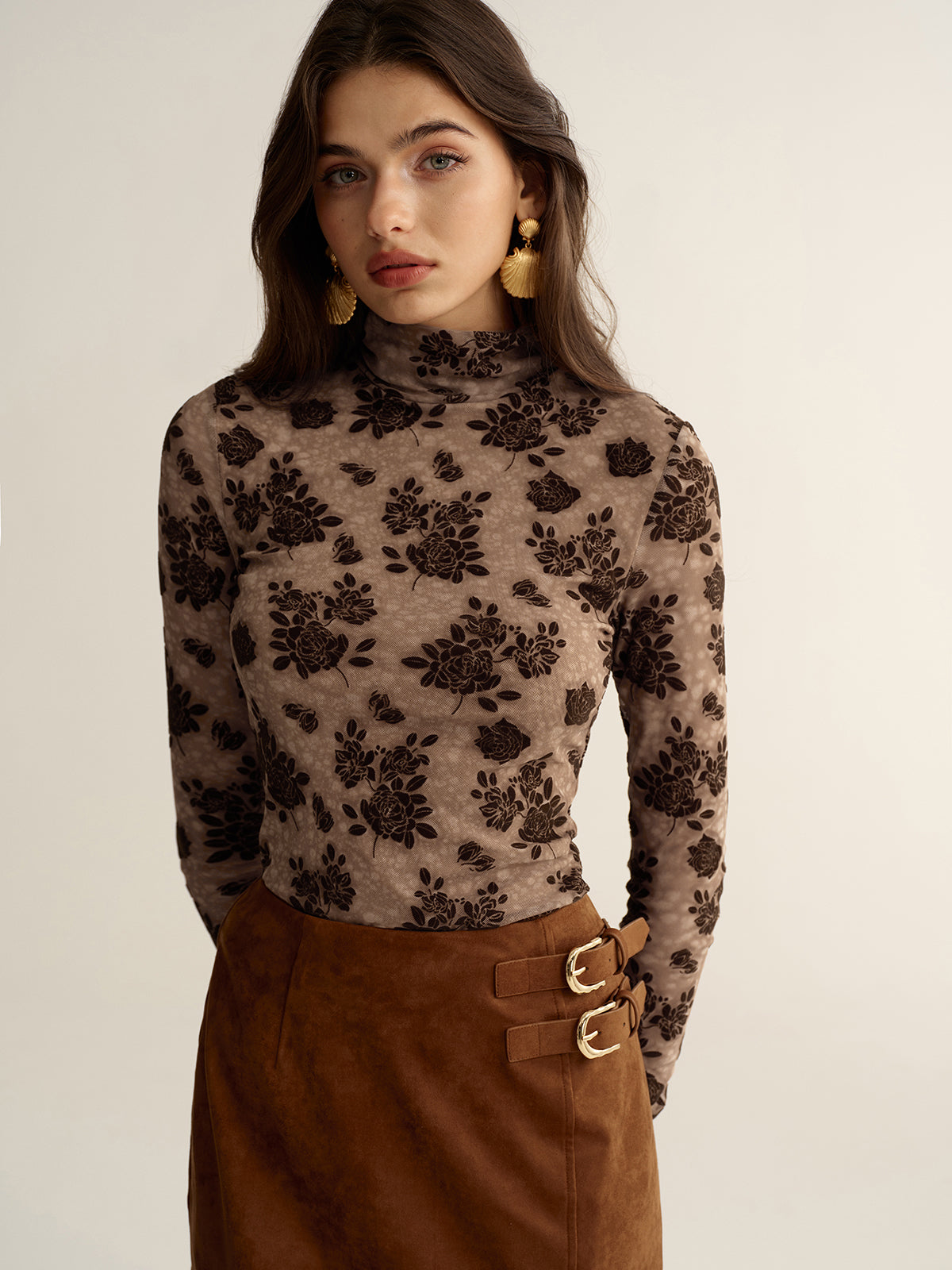 Floral Mesh Mock Neck Long Sleeve Top