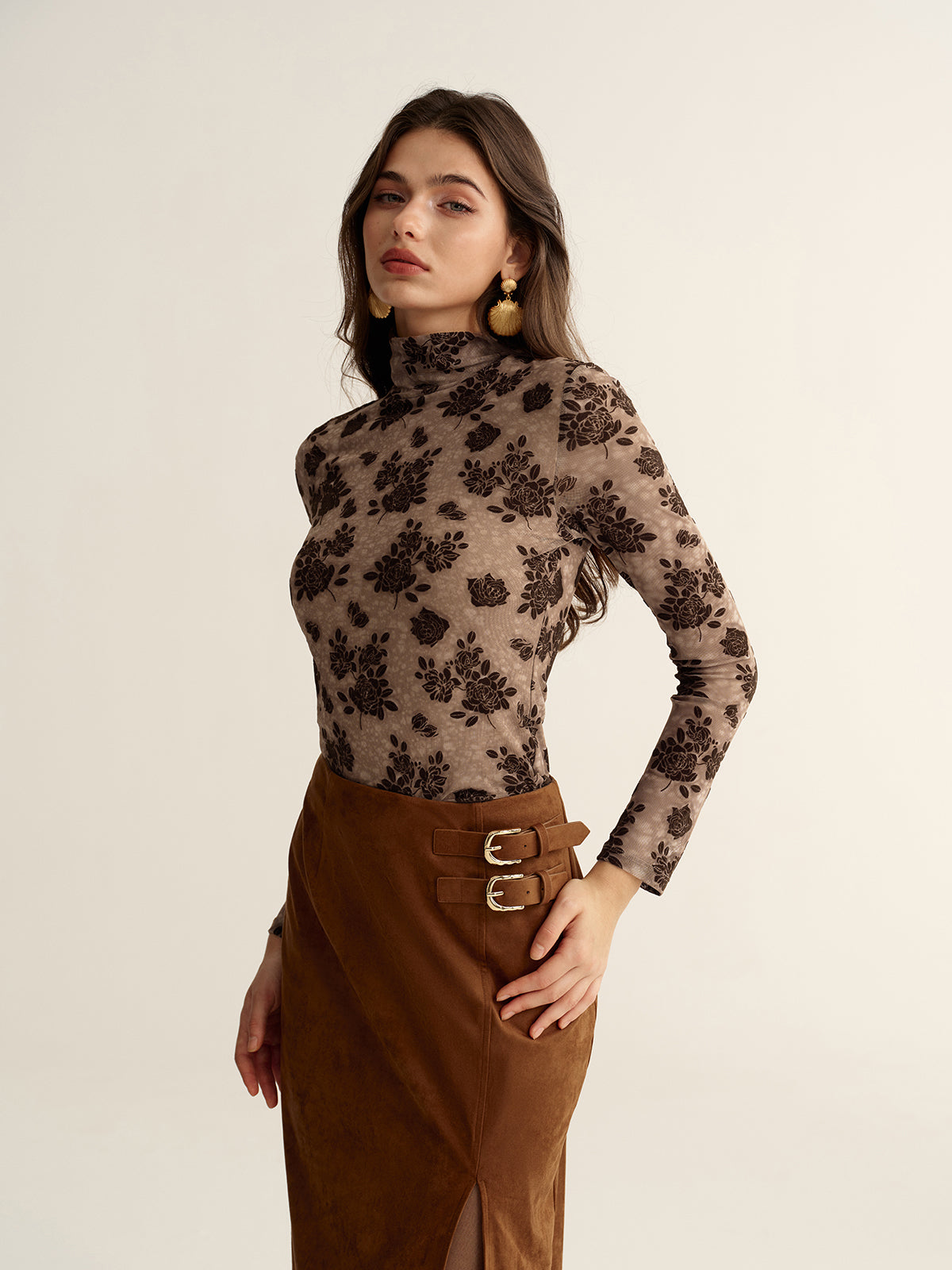 Floral Mesh Mock Neck Long Sleeve Top