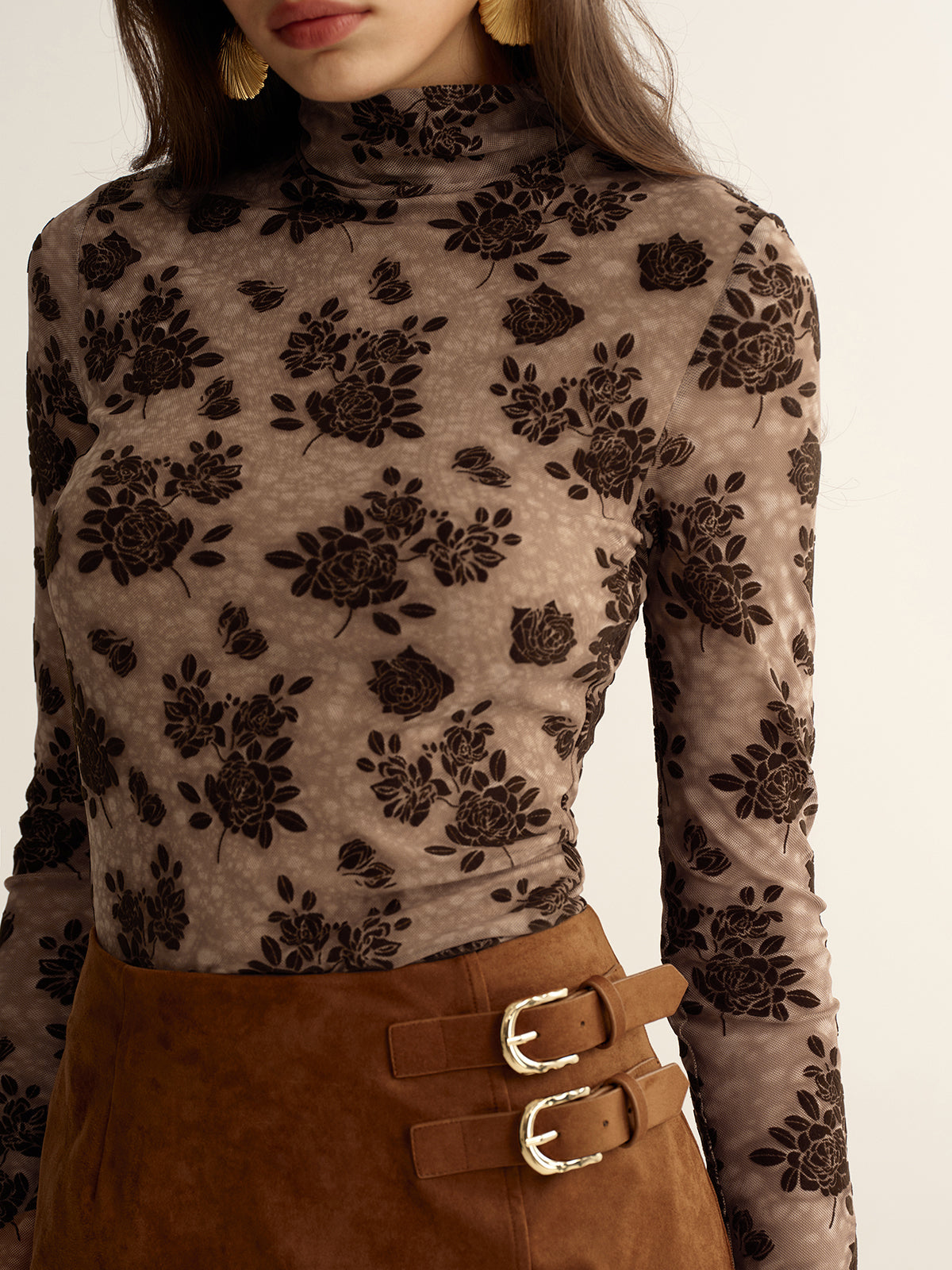 Floral Mesh Mock Neck Long Sleeve Top