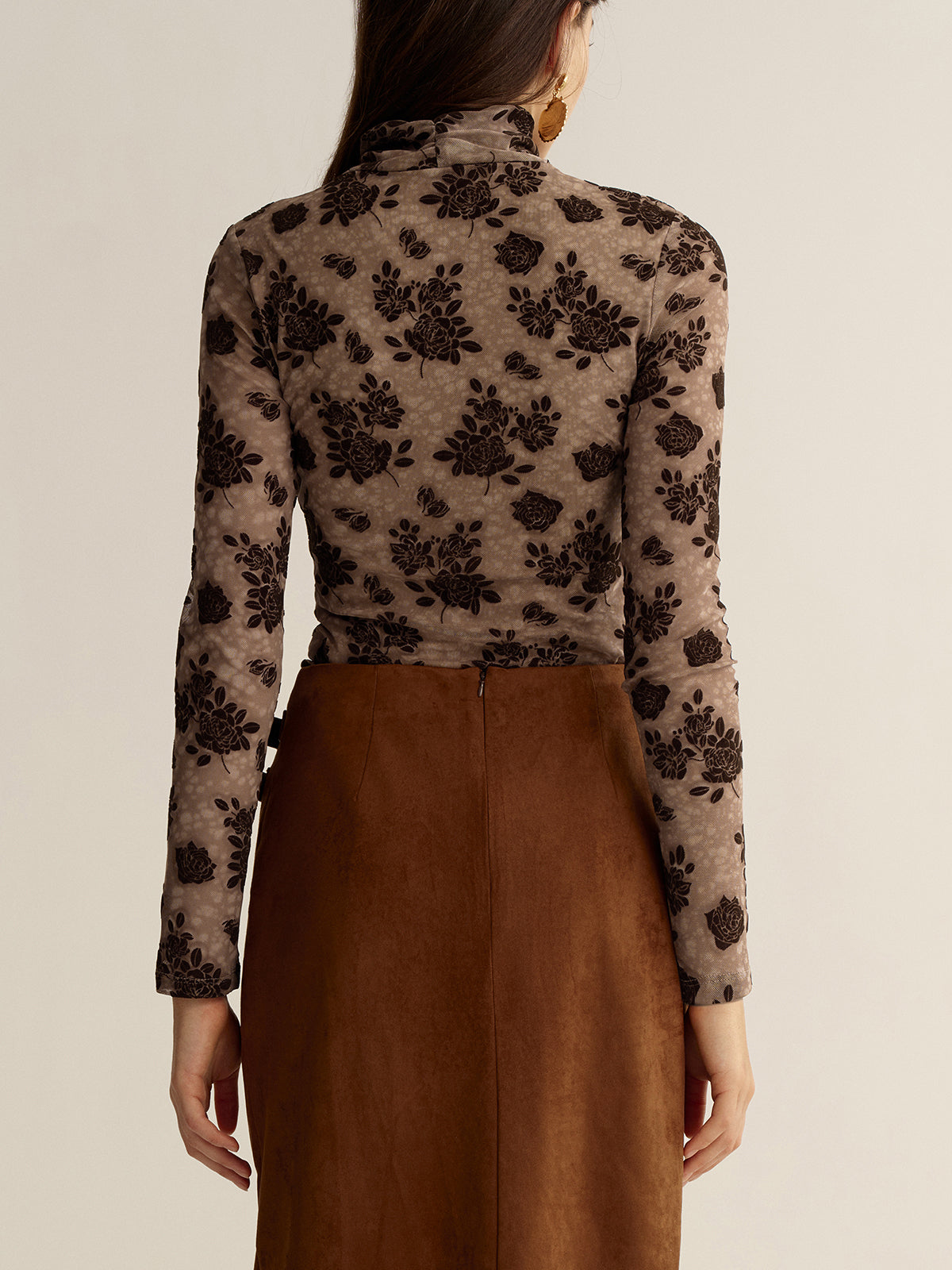 Floral Mesh Mock Neck Long Sleeve Top