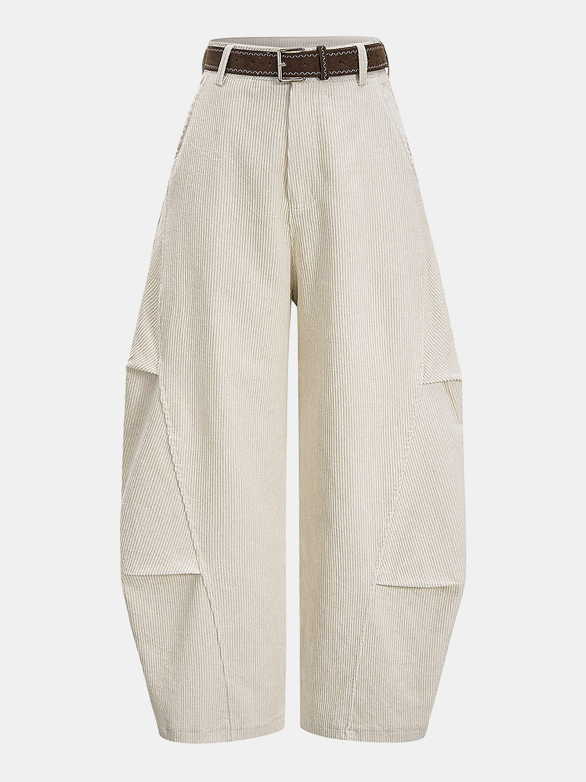 Belted Corduroy Curved Wide-Leg Pants