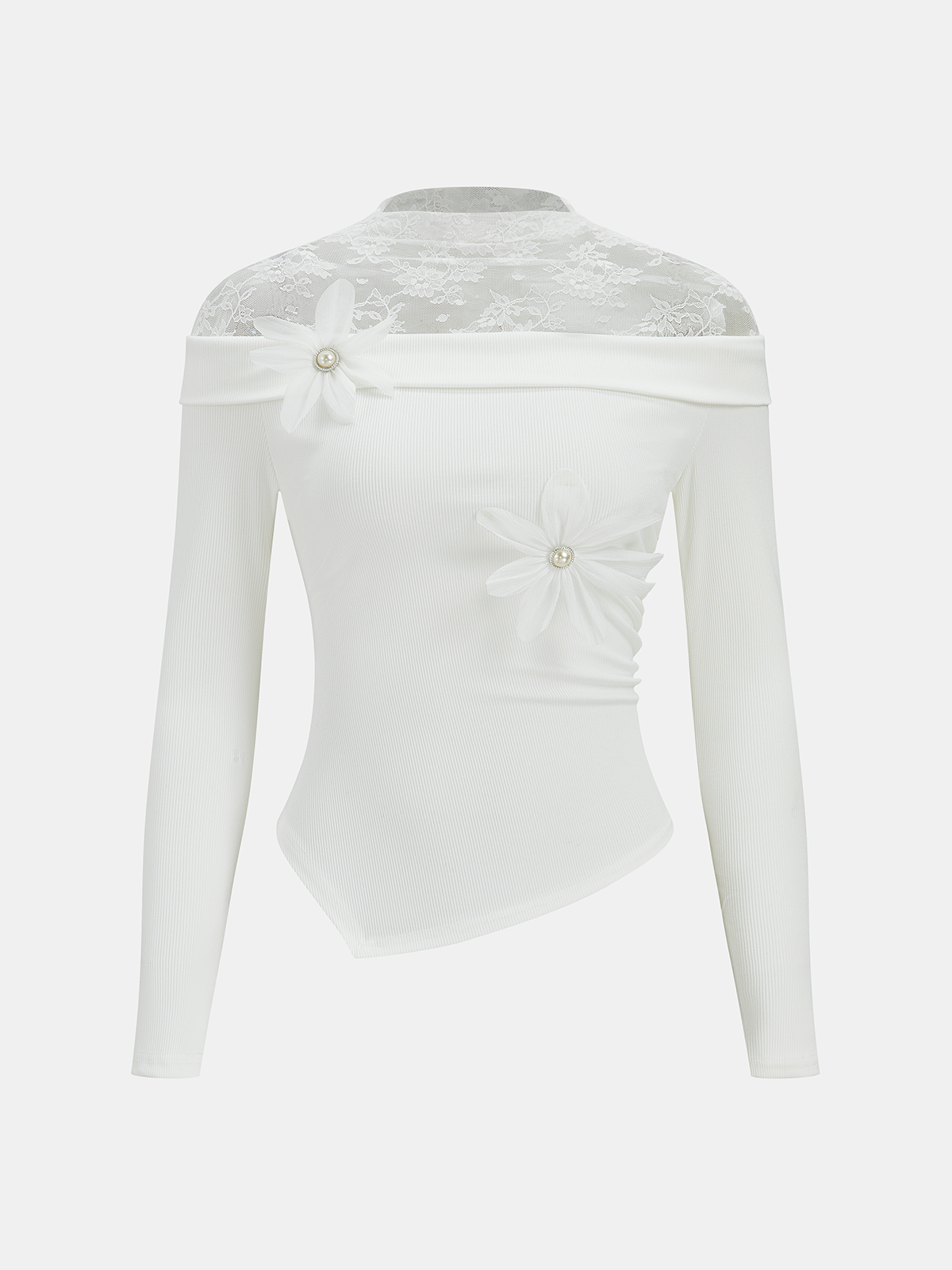 Lace Panel 3D Floral Off-Shoulder Top