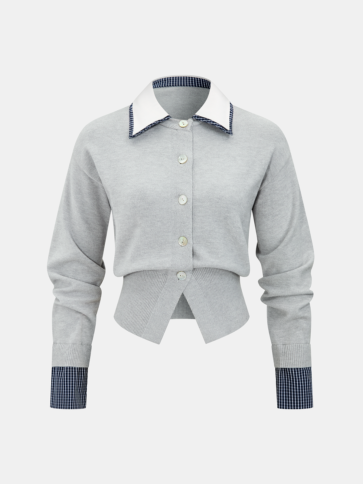 Plaid Detail Contrast Collar Knit Cardigan