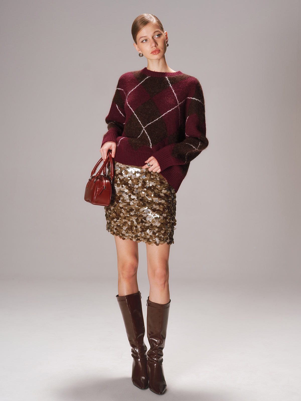Pull en maille mélangée de laine jacquard argyle à col rond
