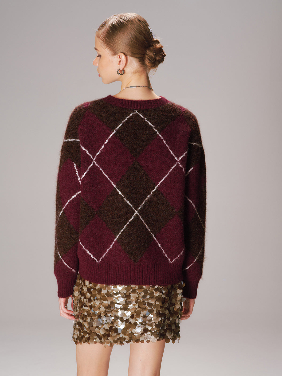 Pull en maille mélangée de laine jacquard argyle à col rond