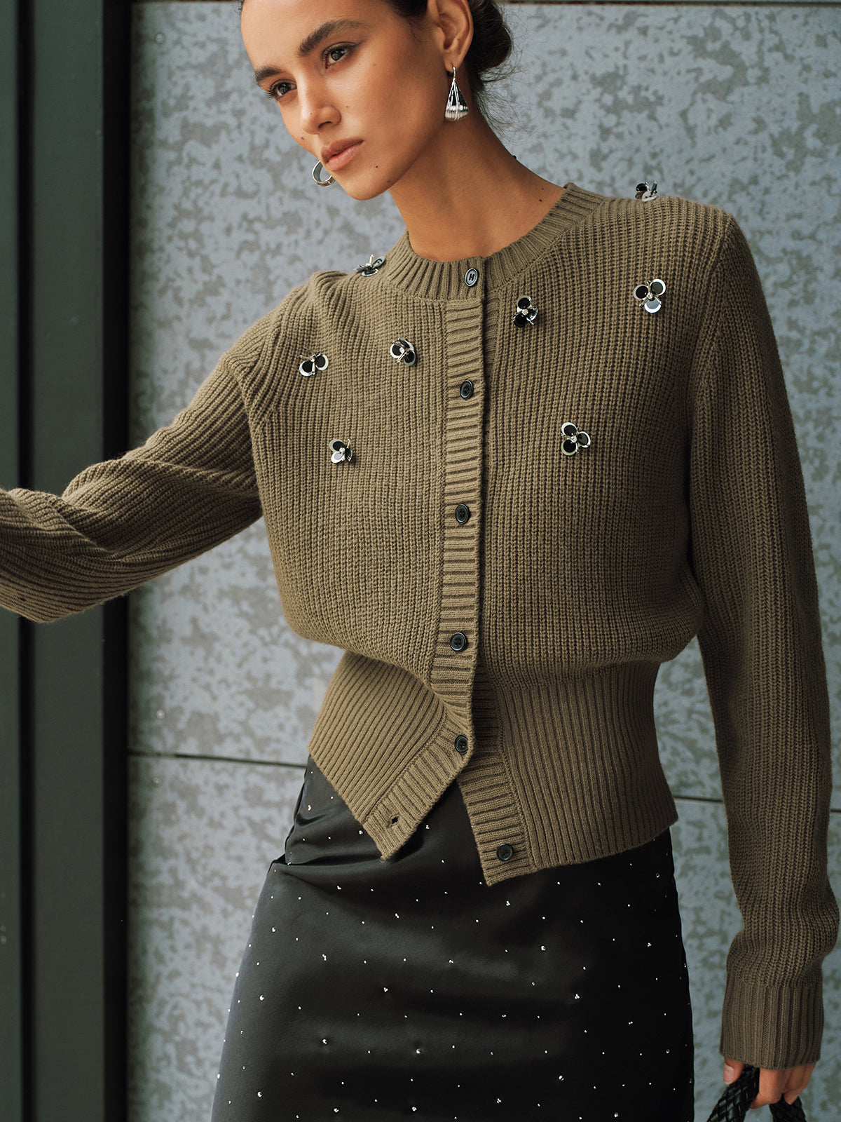 Embellished Button-Front Knit Cardigan