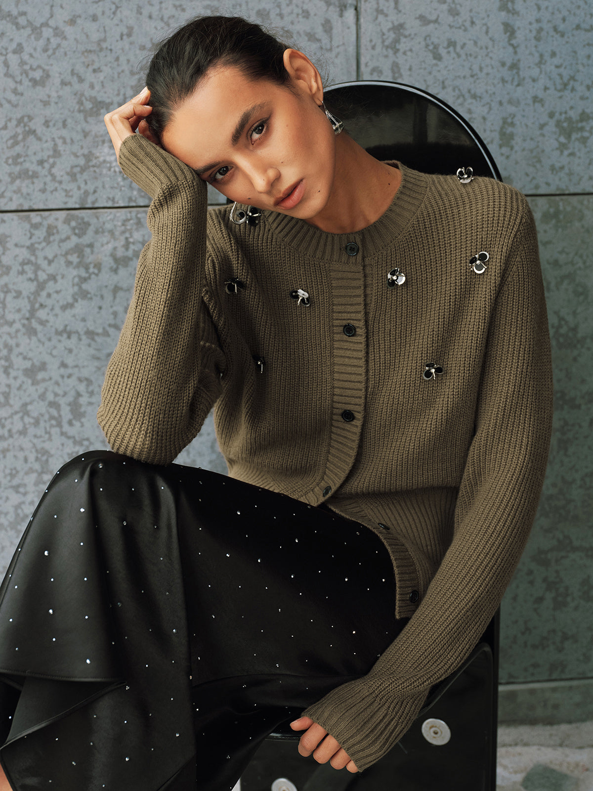 Embellished Button-Front Knit Cardigan