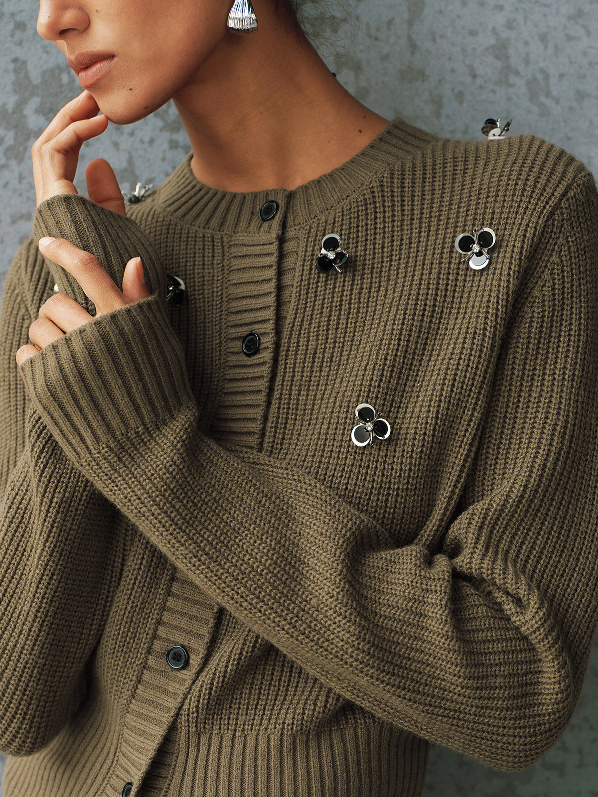 Embellished Button-Front Knit Cardigan