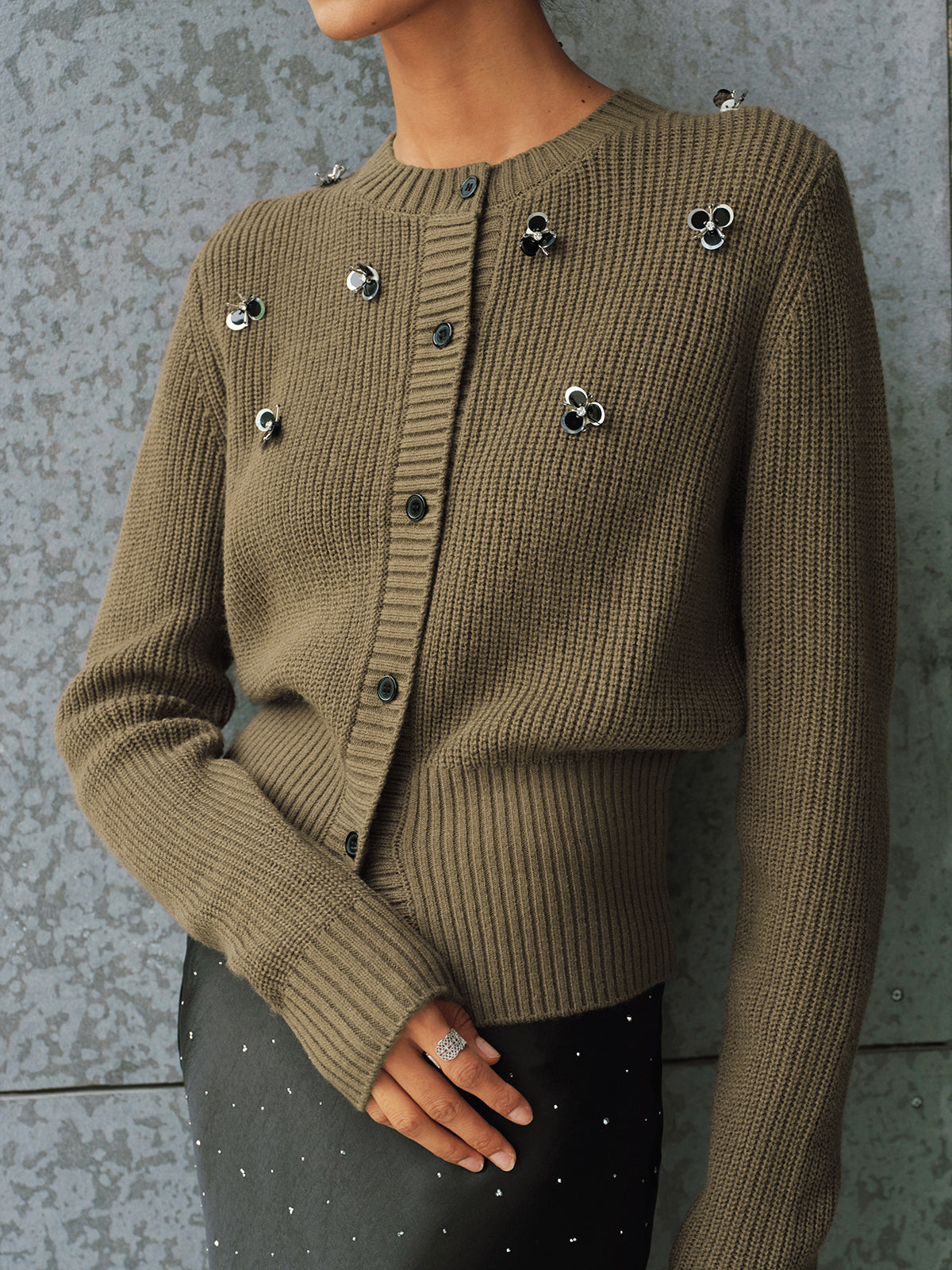 Embellished Button-Front Knit Cardigan