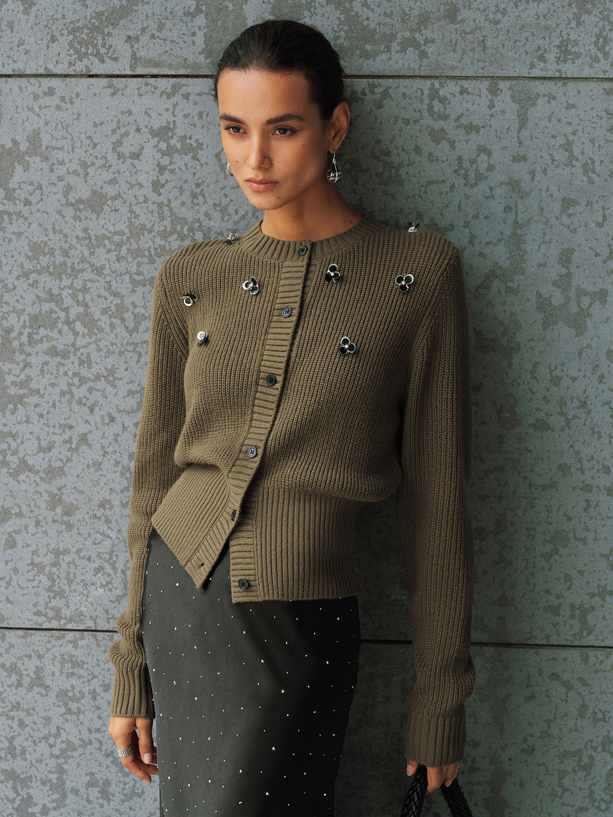 Embellished Button-Front Knit Cardigan
