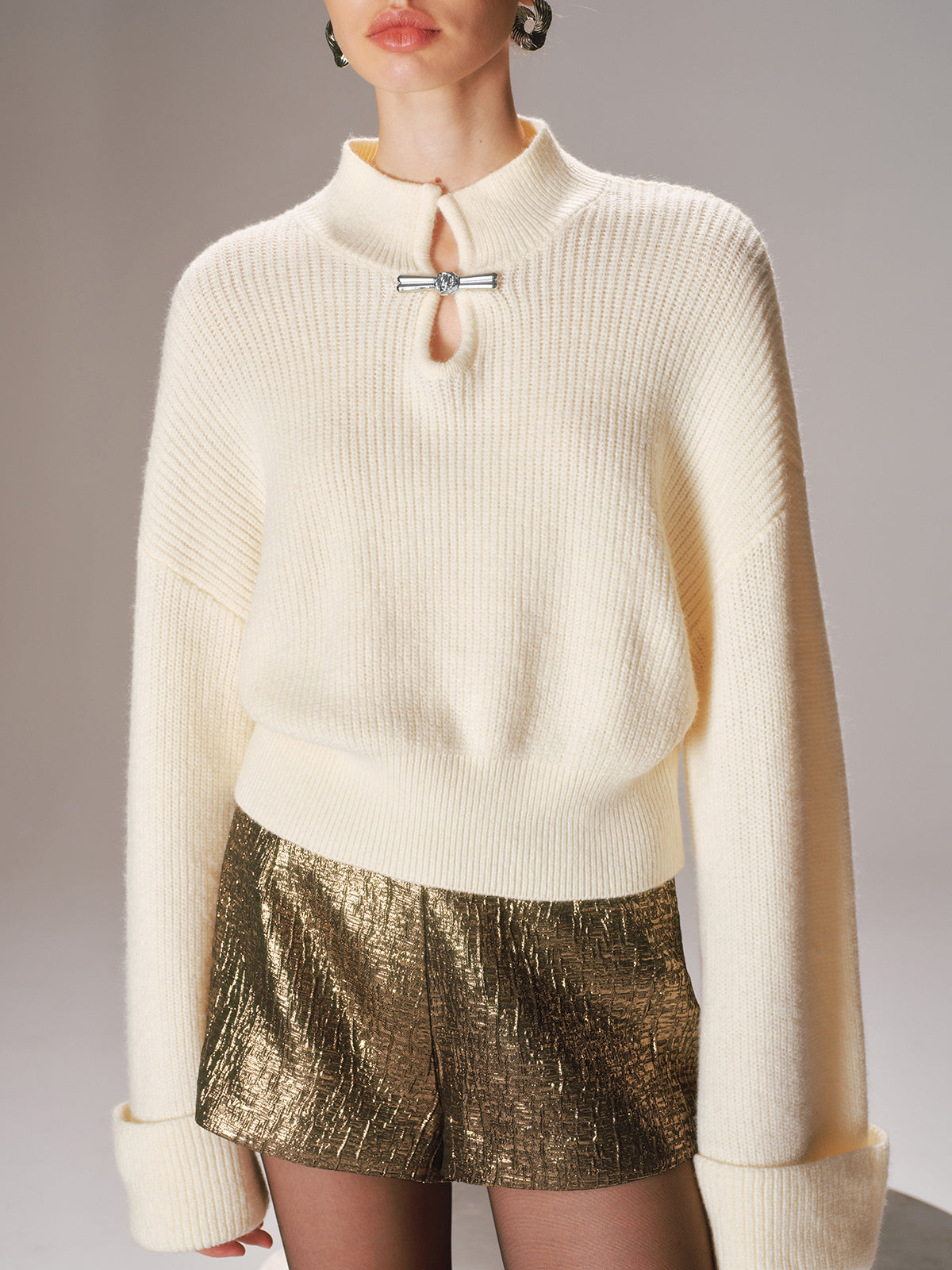 Metal Knot Detail Cuffed Sleeve Sweater