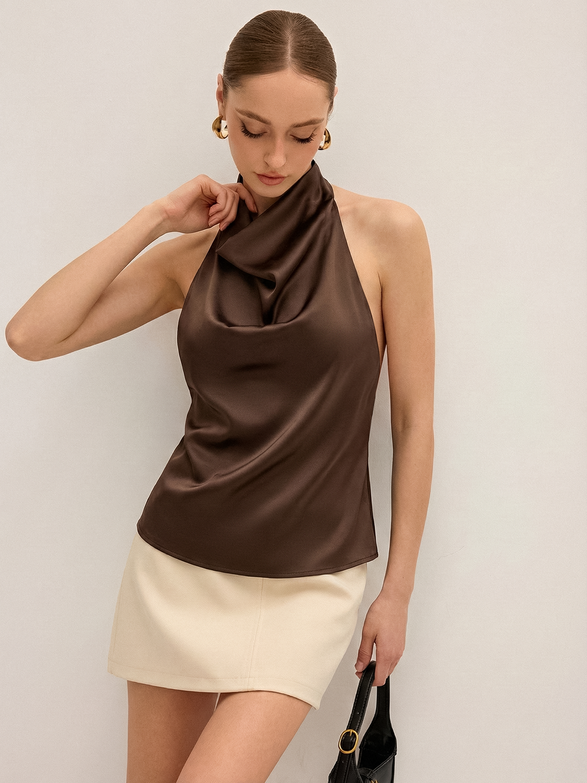 Cowl Neck Backless Satin Halter Top