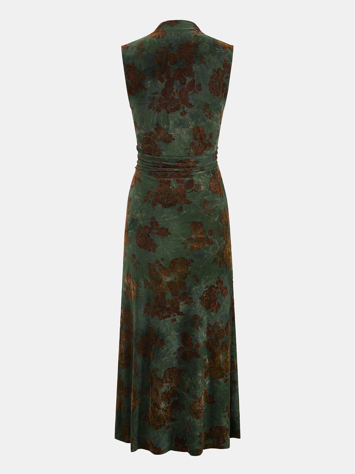 Flocked Floral Ruched Sleeveless Maxi Dress