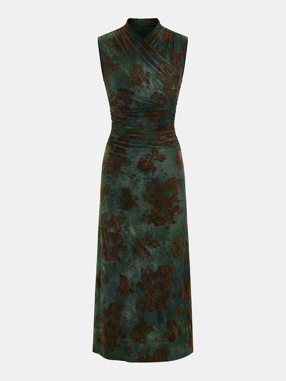 Flocked Floral Ruched Sleeveless Maxi Dress