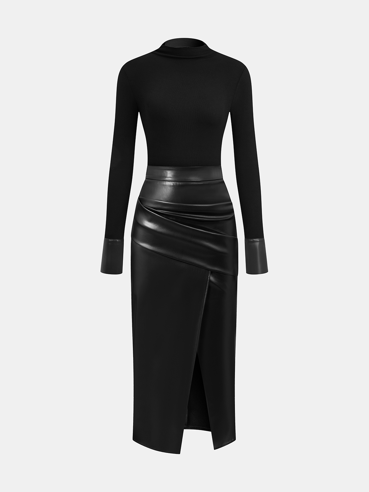 Knit Top & Faux Leather Ruched Skirt Set