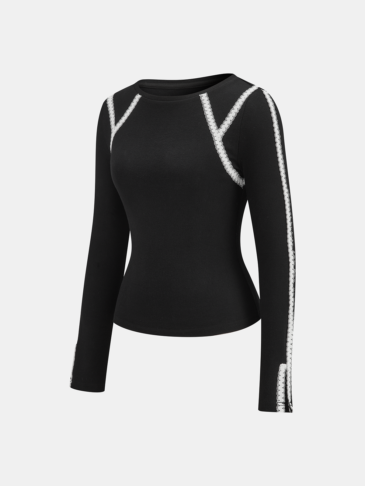 Lace Trim Ribbed Long Sleeve Top