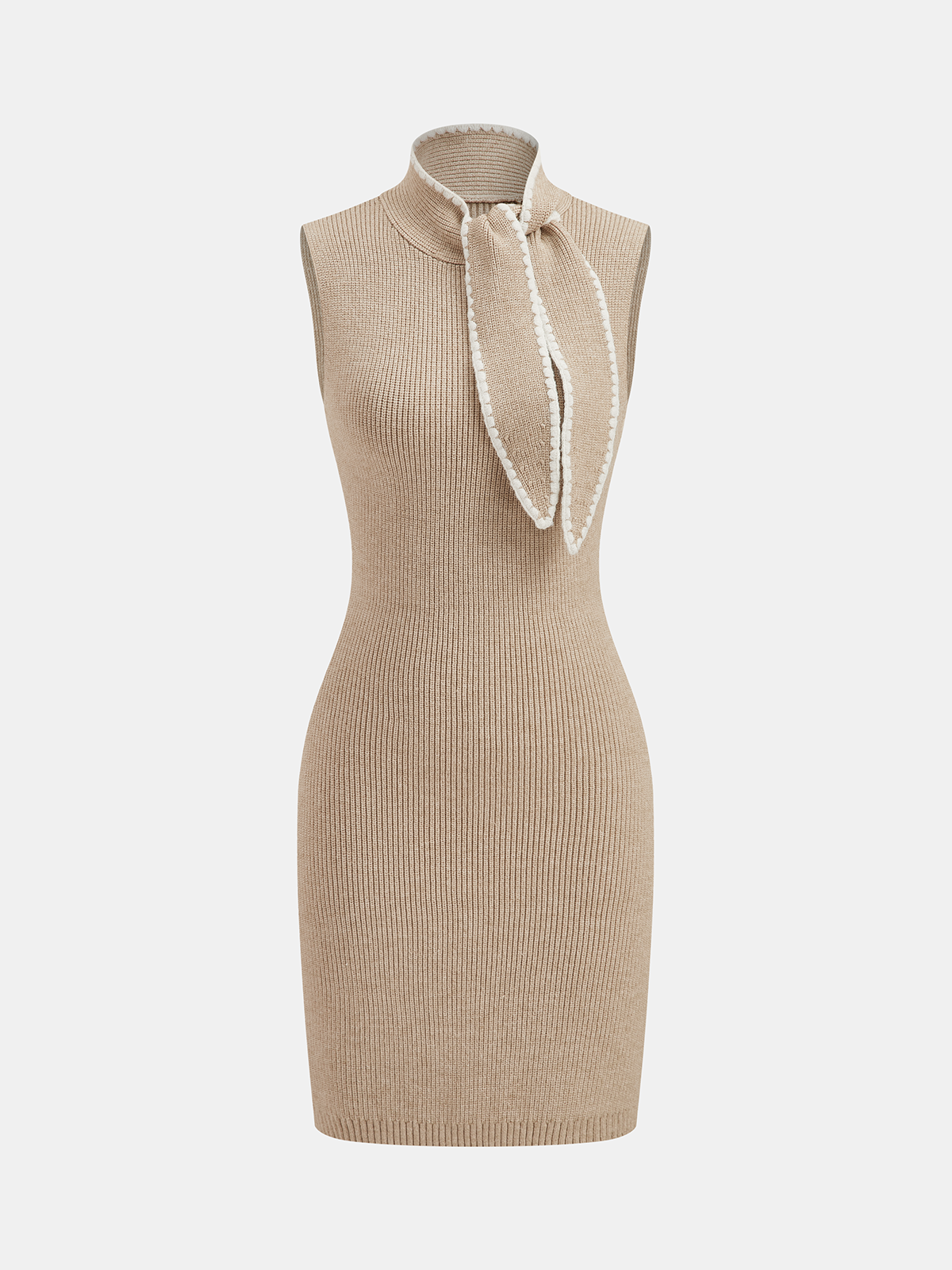 Contrast Trim Tie-Neck Sleeveless Knit Dress