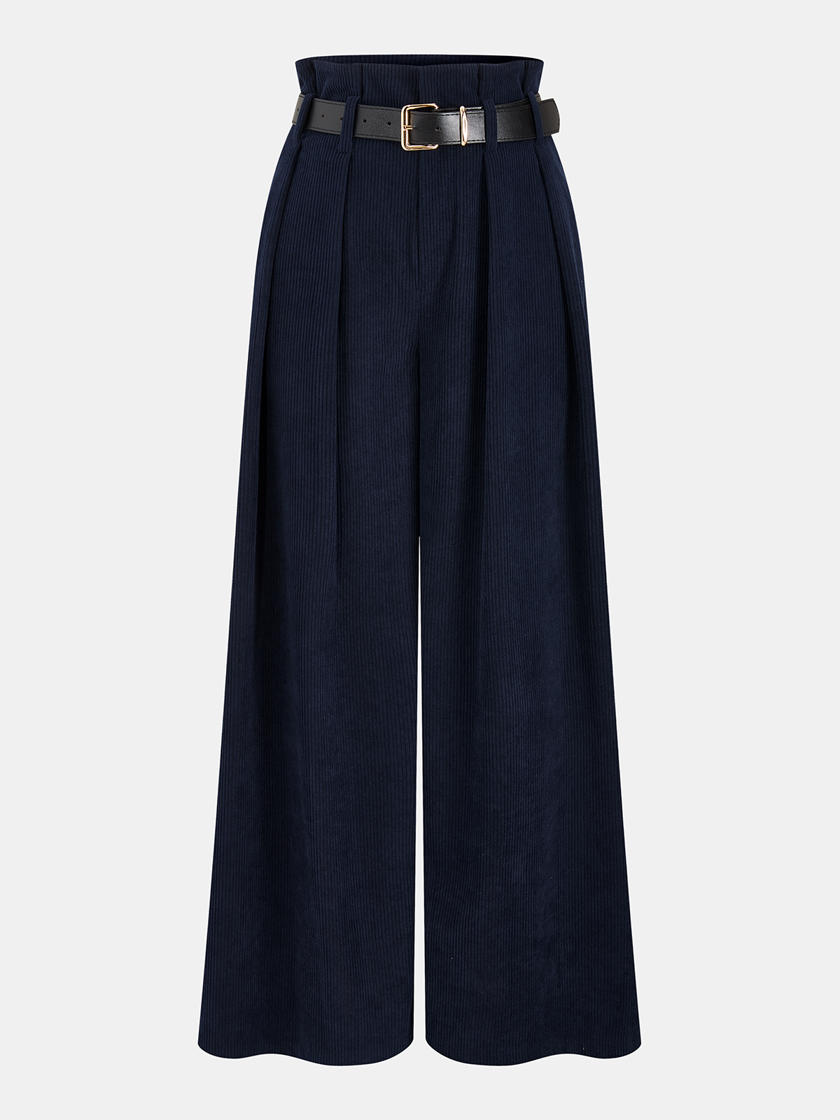 Belted Corduroy Wide-Leg Pleated Pants