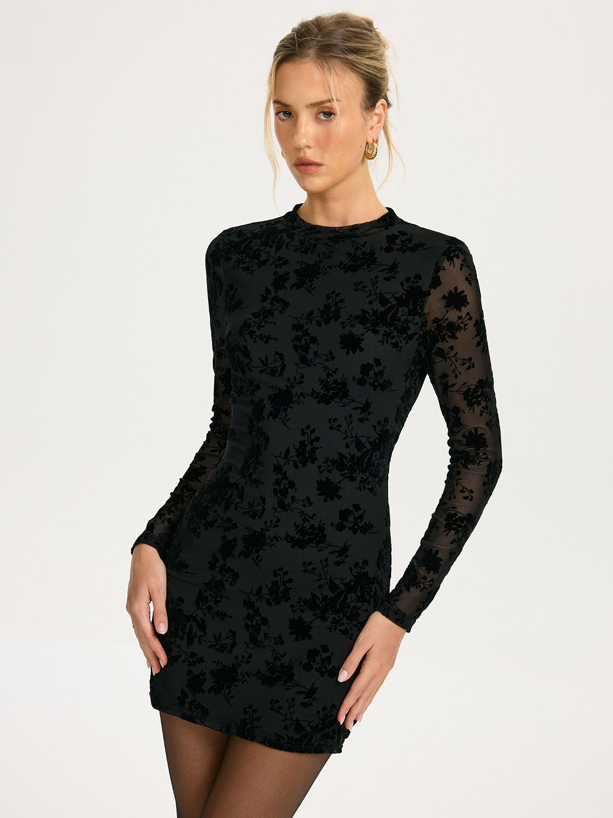 Flocked Floral Mesh Backless Mini Dress