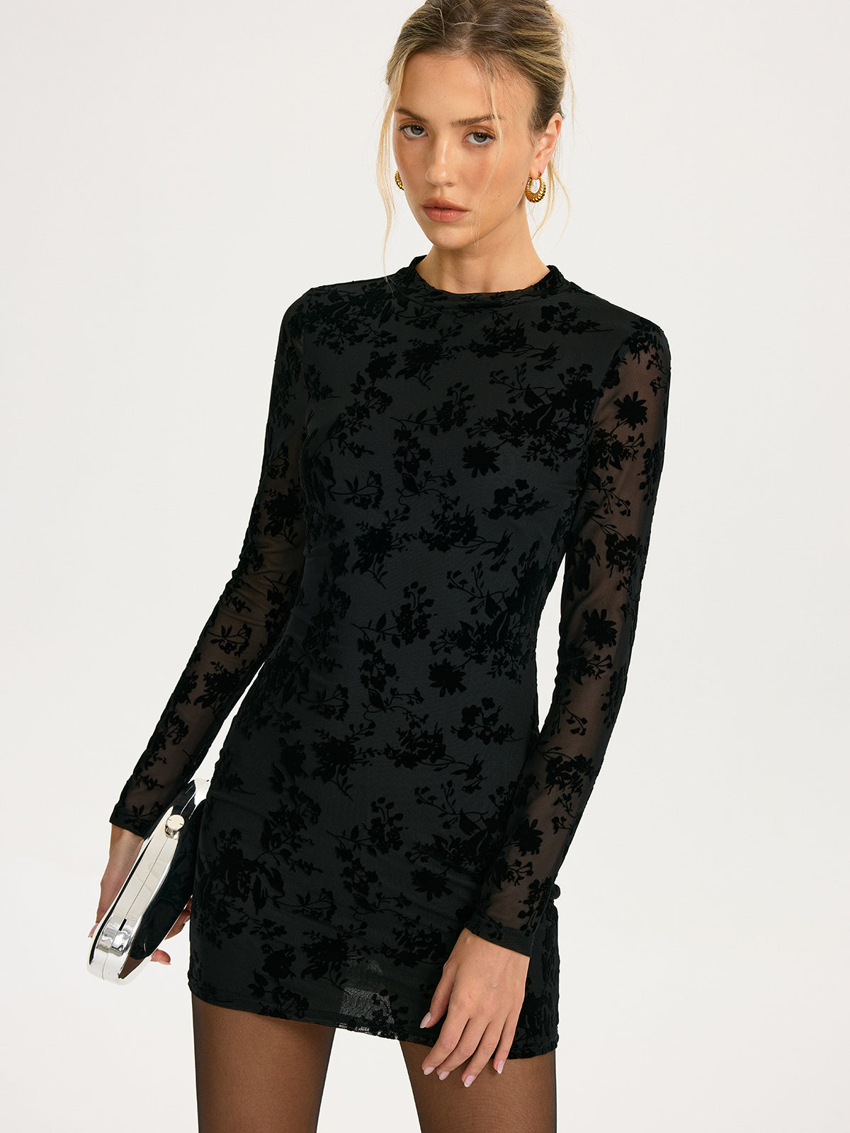 Mini-Kleid mit beflocktem Blumenmuster und Rückenausschnitt aus Mesh