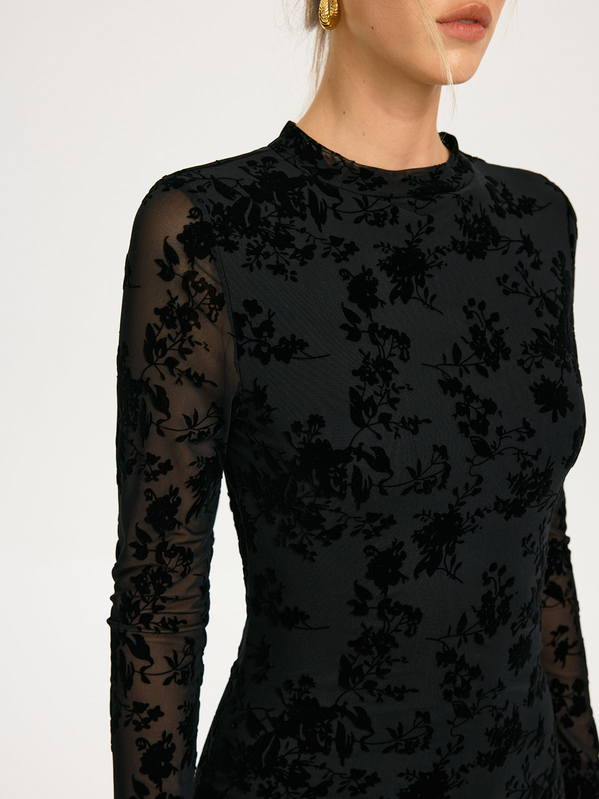 Flocked Floral Mesh Backless Mini Dress