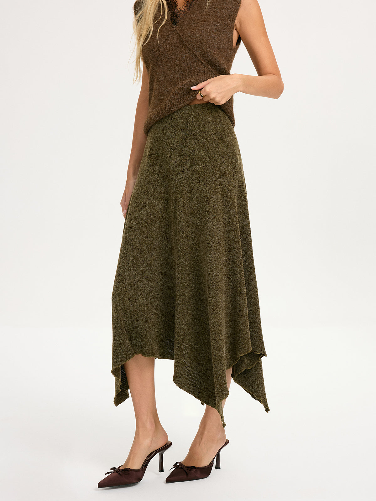 Knit Asymmetric Hem Midi Skirt
