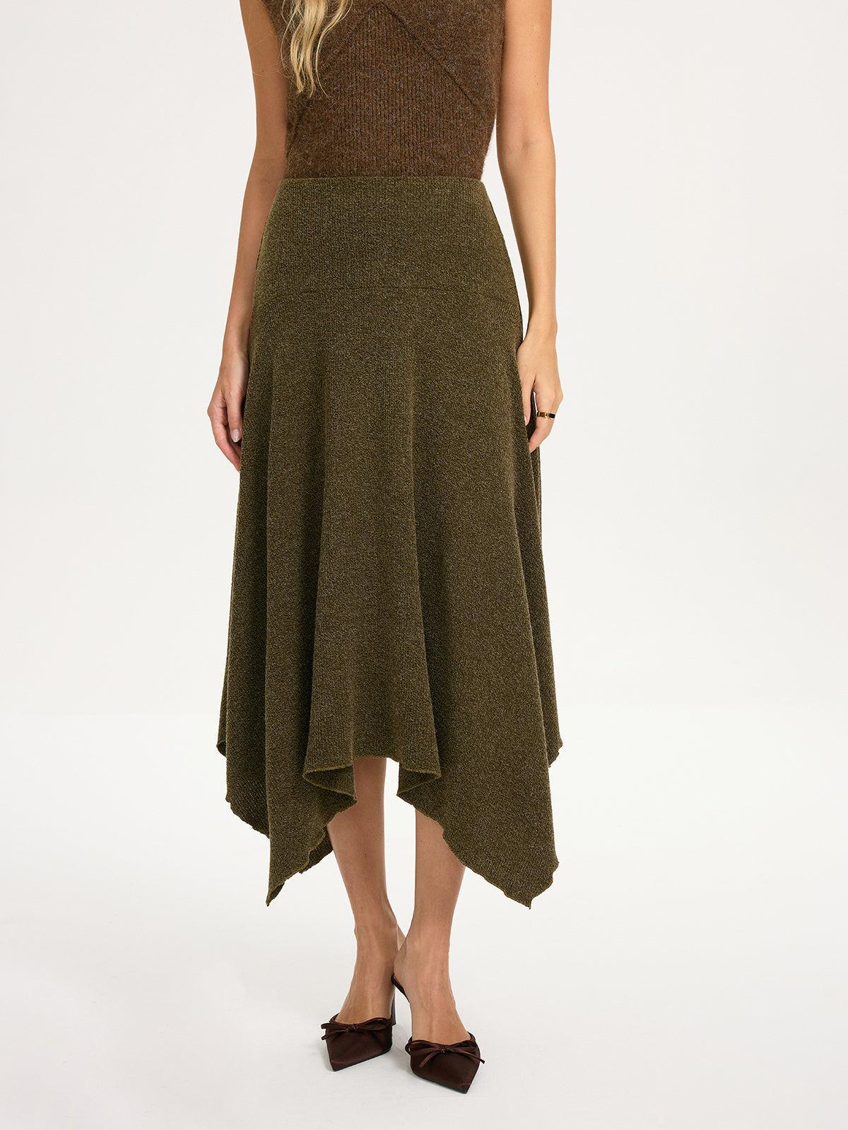 Knit Asymmetric Hem Midi Skirt